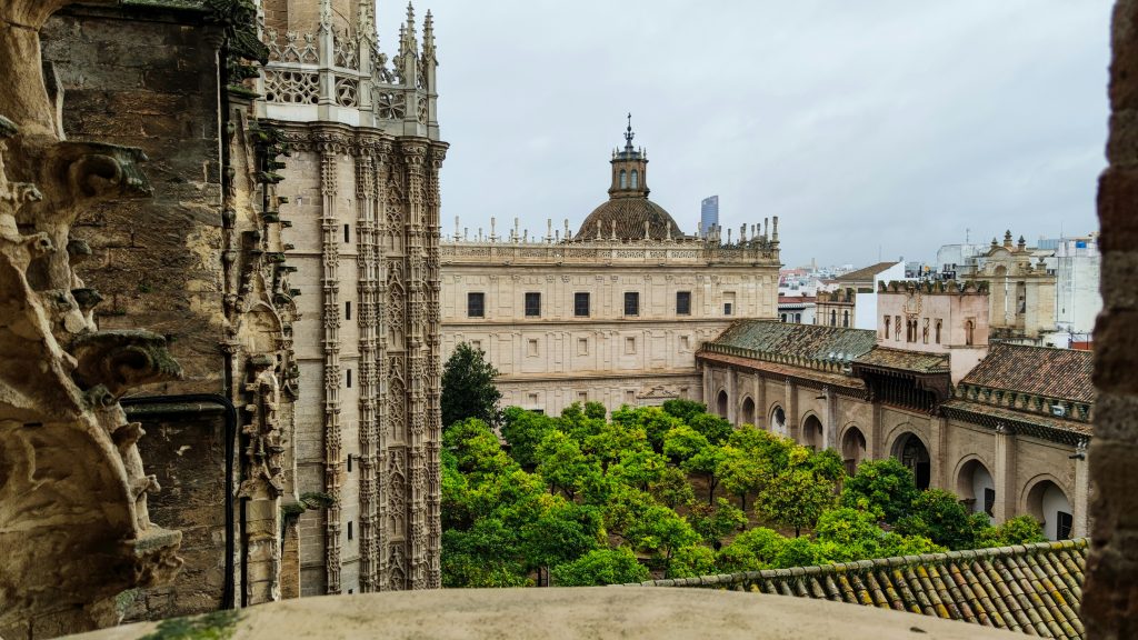 View of Seville Cathedral’s Gothic architecture and central courtyard from above
