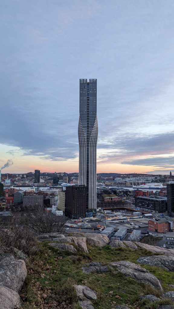 Gothenburg skyline seen from Keillers Park, with the tall Karlatornet tower rising in the middle.
