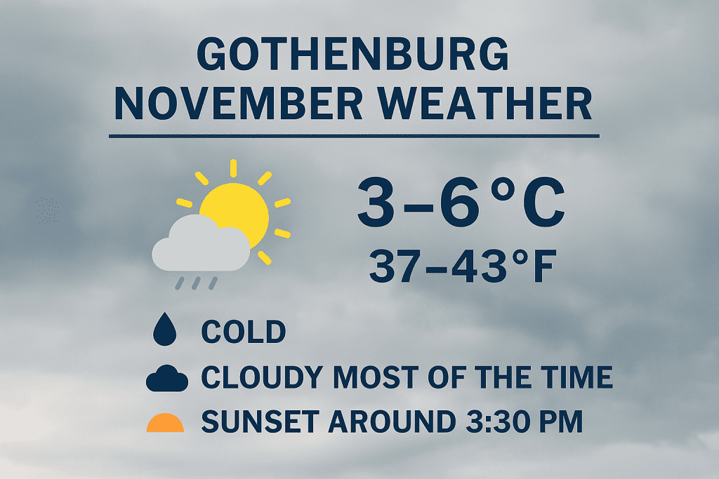Infographic displaying typical weather in Gothenburg in November, including temperatures between 3–6°C, cloudy conditions, and sunset around 3:30 PM.