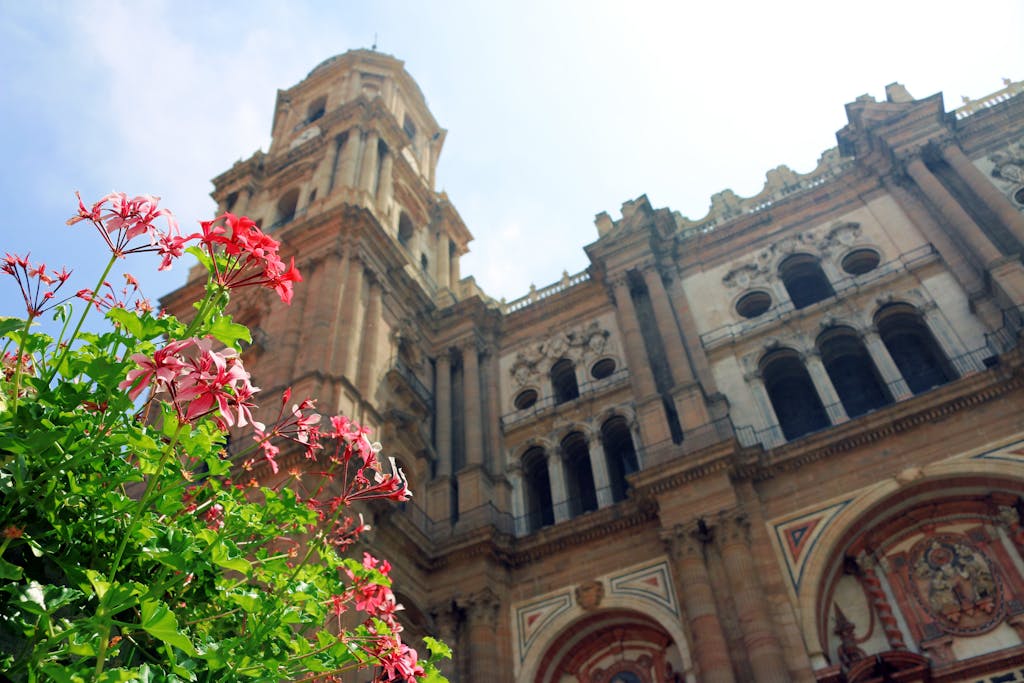 Stunning view of Málaga Cathedral with vibrant red flowers in the foreground, Spain.