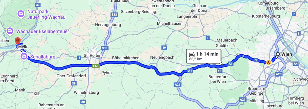 Map showing the driving route from Vienna to Melk along the A1 highway
