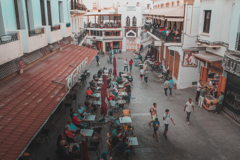 Locals and tourists at a street café in Tangier’s city cente