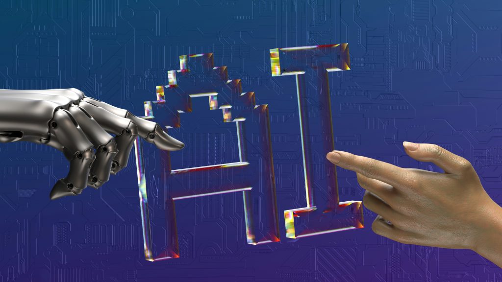 robotic and human hands reaching toward the word AI, symbolizing collaboration between humans and artificial intelligence in 2025