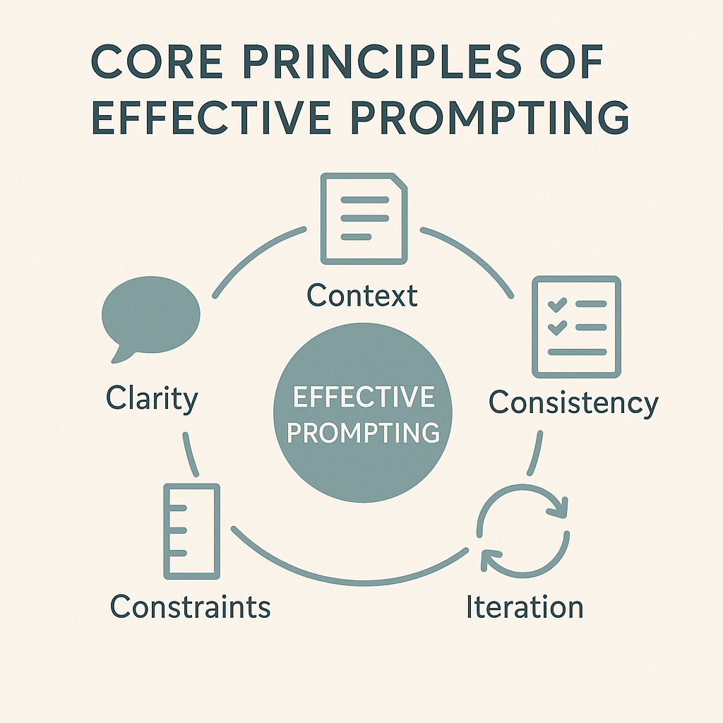 Diagram showing the five core principles of effective prompting including clarity, context, consistency, constraints, and iteration