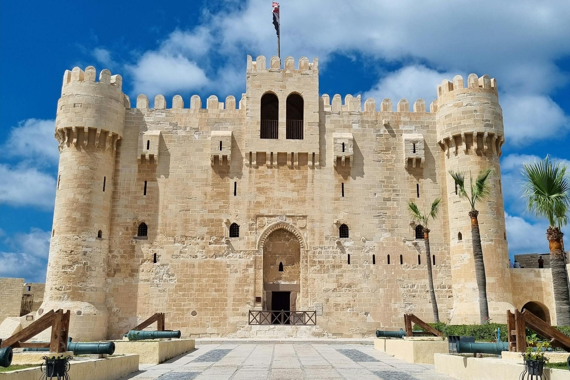 Front view of the Citadel of Qaitbay, a 15th-century fortress on the Mediterranean coast.
