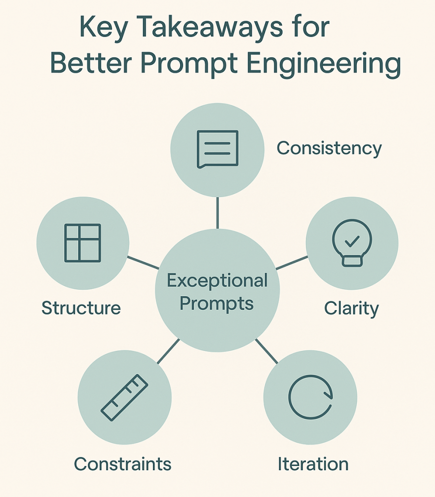 infographic showing five key factors for effective prompting—structure, consistency, clarity, constraints, and iteration—connected to a central circle labeled exceptional prompts