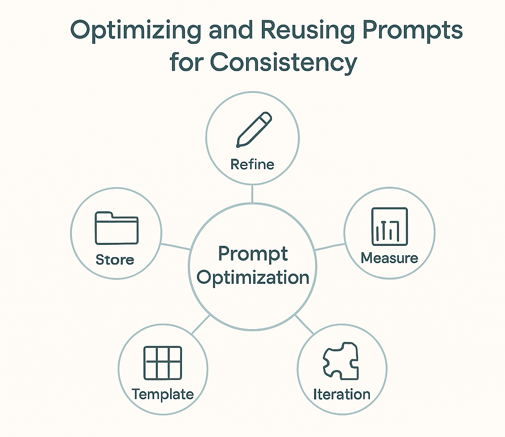 visual diagram showing the five steps of prompt optimization including refining, storing, measuring, templating, and iterating for consistent AI performance