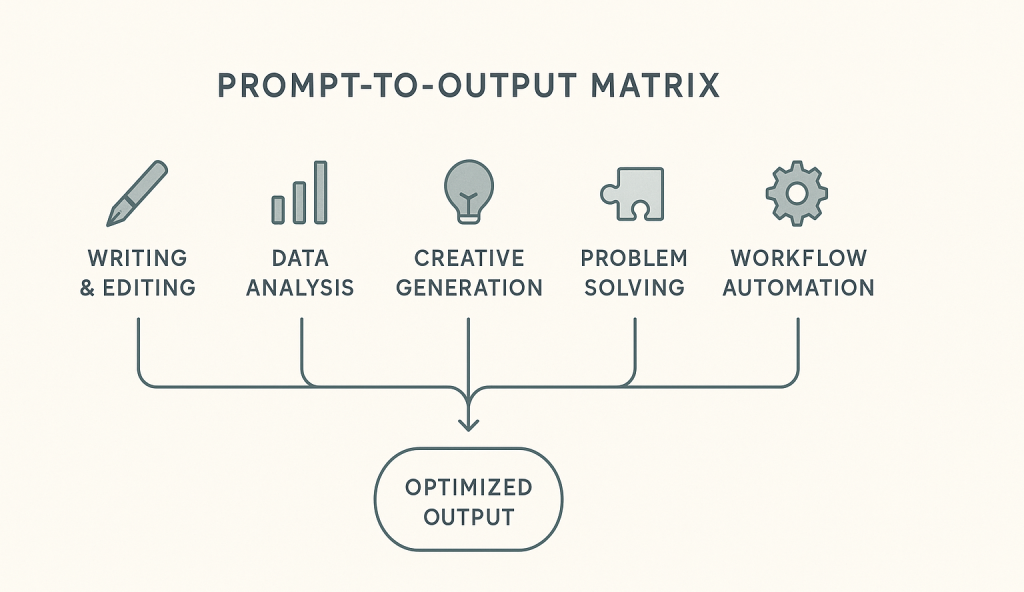 infographic illustrating the prompt-to-output process with stages for writing, data analysis, creative generation, problem solving, and workflow automation leading to optimized output