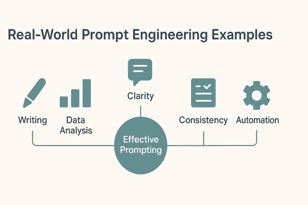 infographic illustrating the prompt-to-output process with stages for writing, data analysis, creative generation, problem solving, and workflow automation leading to optimized output
