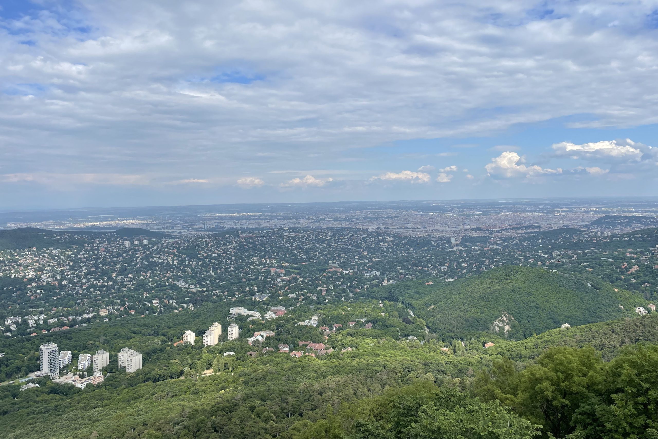 Aerial view of Budapest from János Hill showing green forests and city in the distance