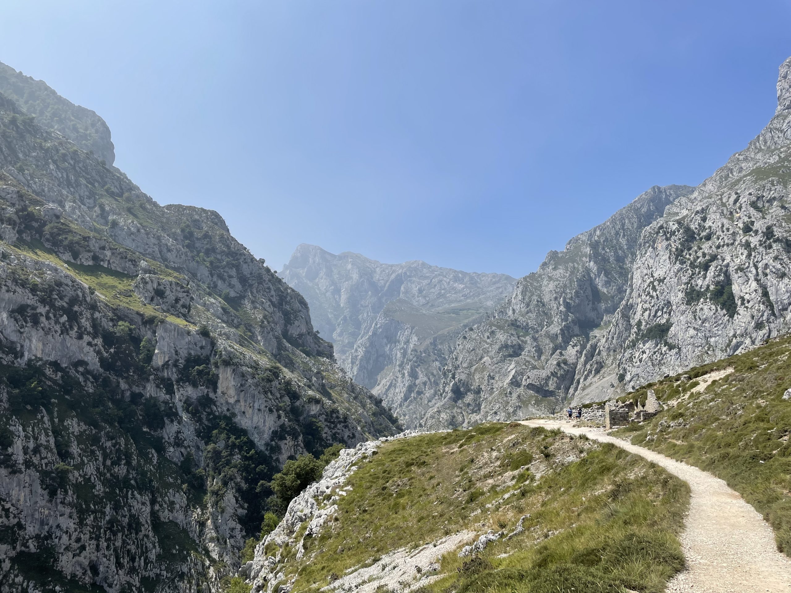 Hiking trail through the dramatic limestone peaks of Picos de Europa National Park in Asturias, Spain.