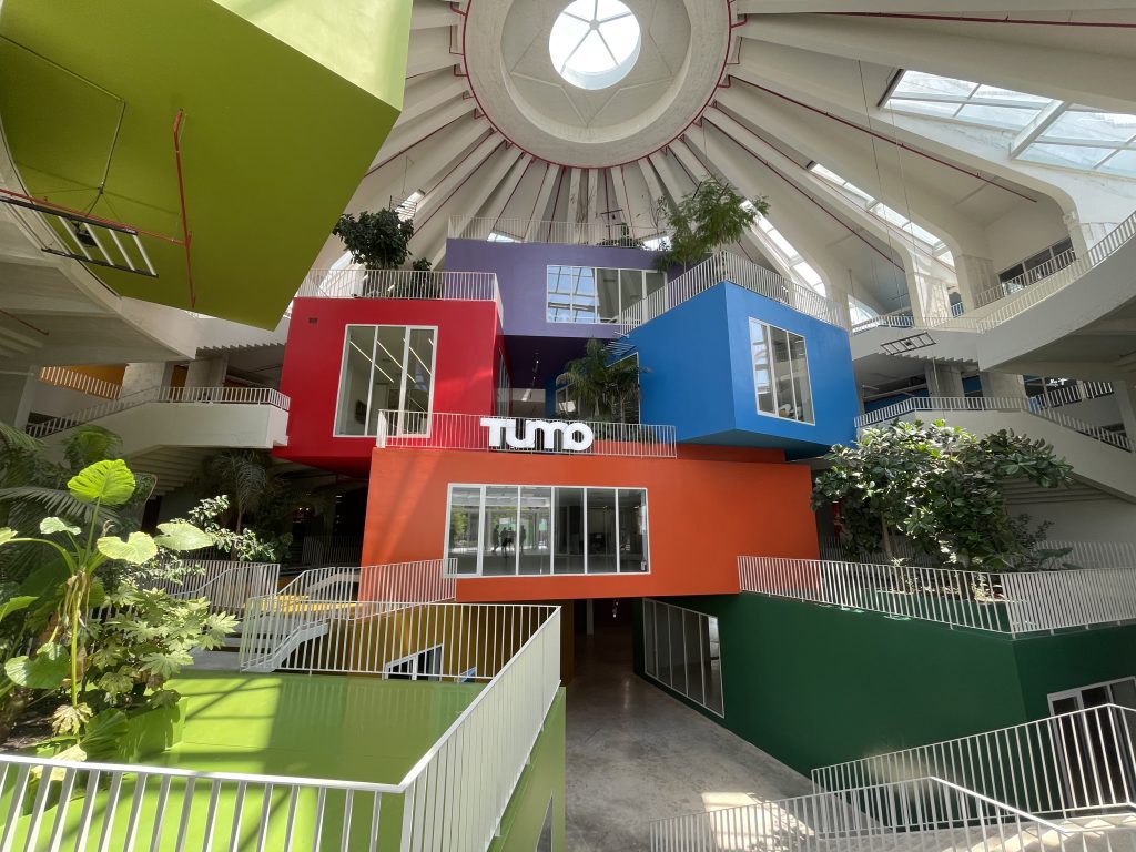 Interior of the Tirana Pyramid, Albania, showing modern renovation.