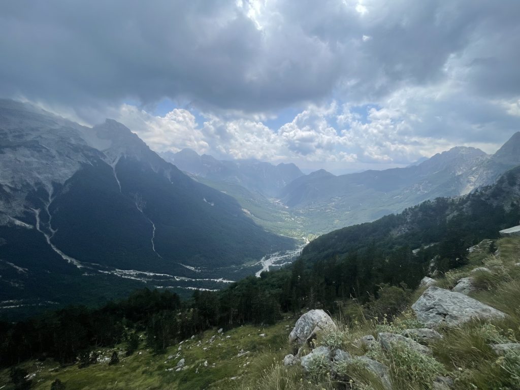 Scenic lookout point over Theth village and mountains in Albania.