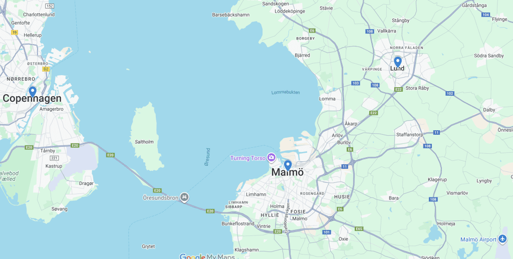Map showing Copenhagen, Malmö, and Lund with the Øresund Bridge connection — popular day trip route between Denmark and Sweden.