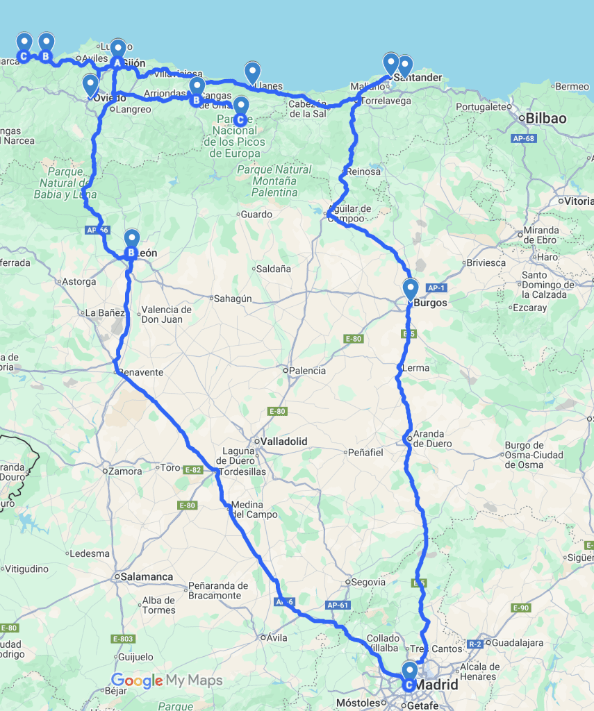 Map of a 7 day northern Spain road trip itinerary through Cantabria and Asturias, starting in Madrid and covering Burgos, Santander, Llanes, Gijón, Oviedo, Cudillero, Playa de Silencio, Cangas de Onís, León, and back to Madrid.