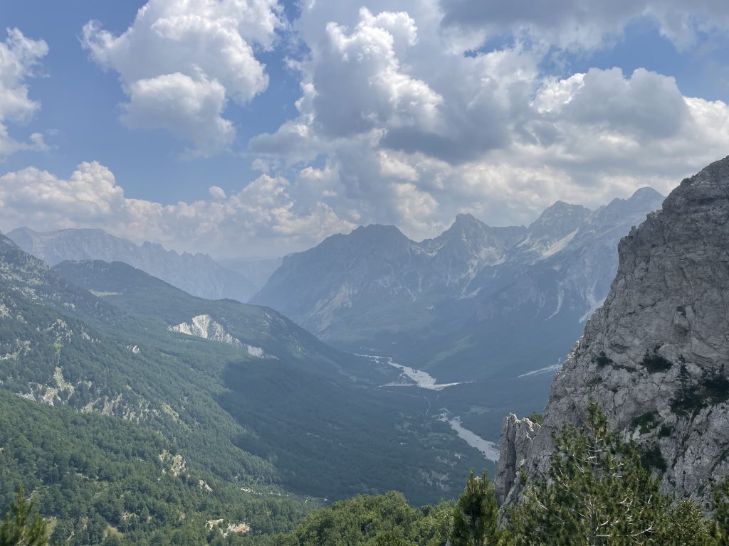 Scenic trail on the Theth to Valbonë hike in the Albanian Alps.