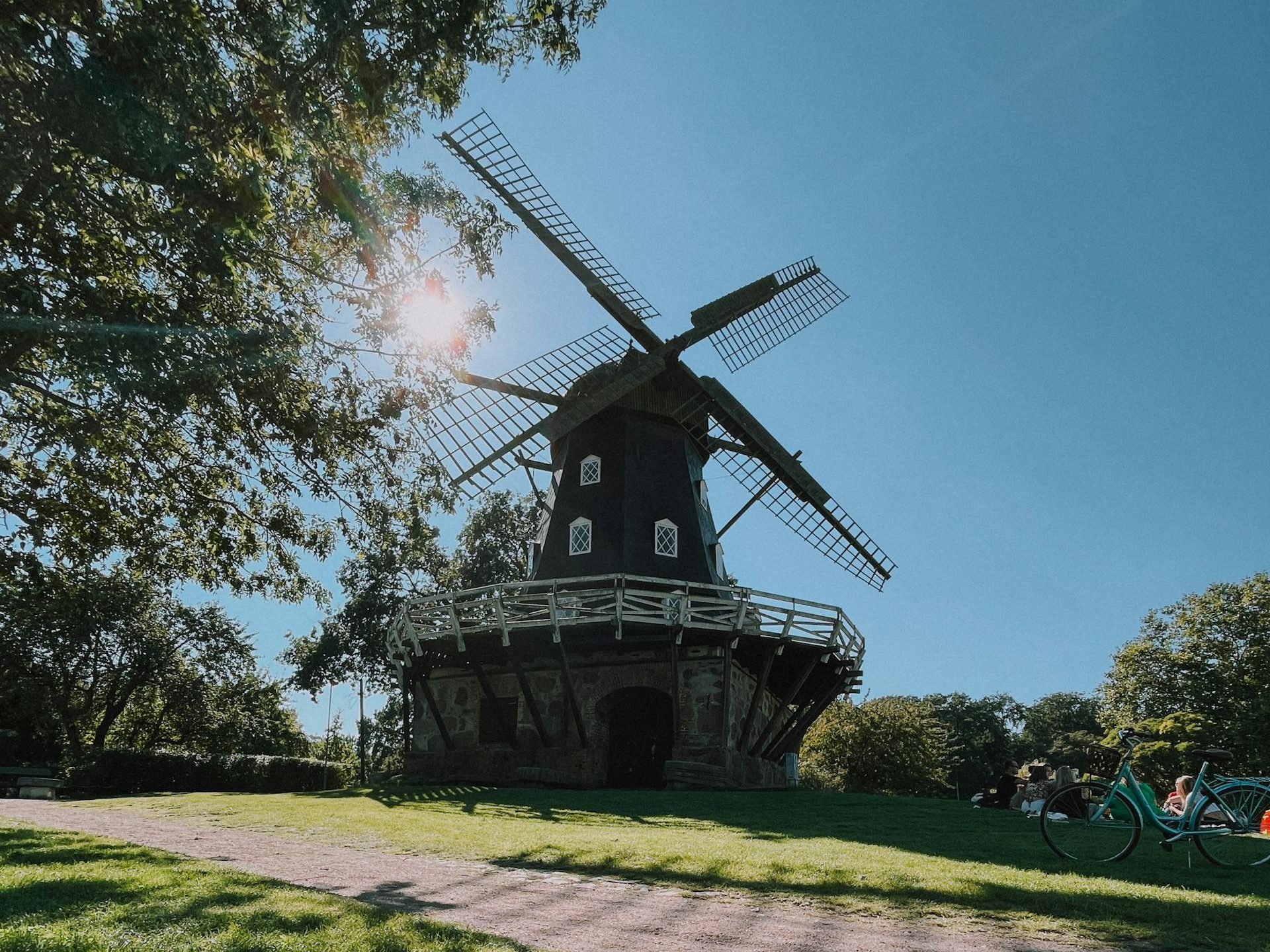 Slottsmöllan windmill in Slottsparken, Malmö, Sweden, historic 19th-century landmark near Malmö Castle.
