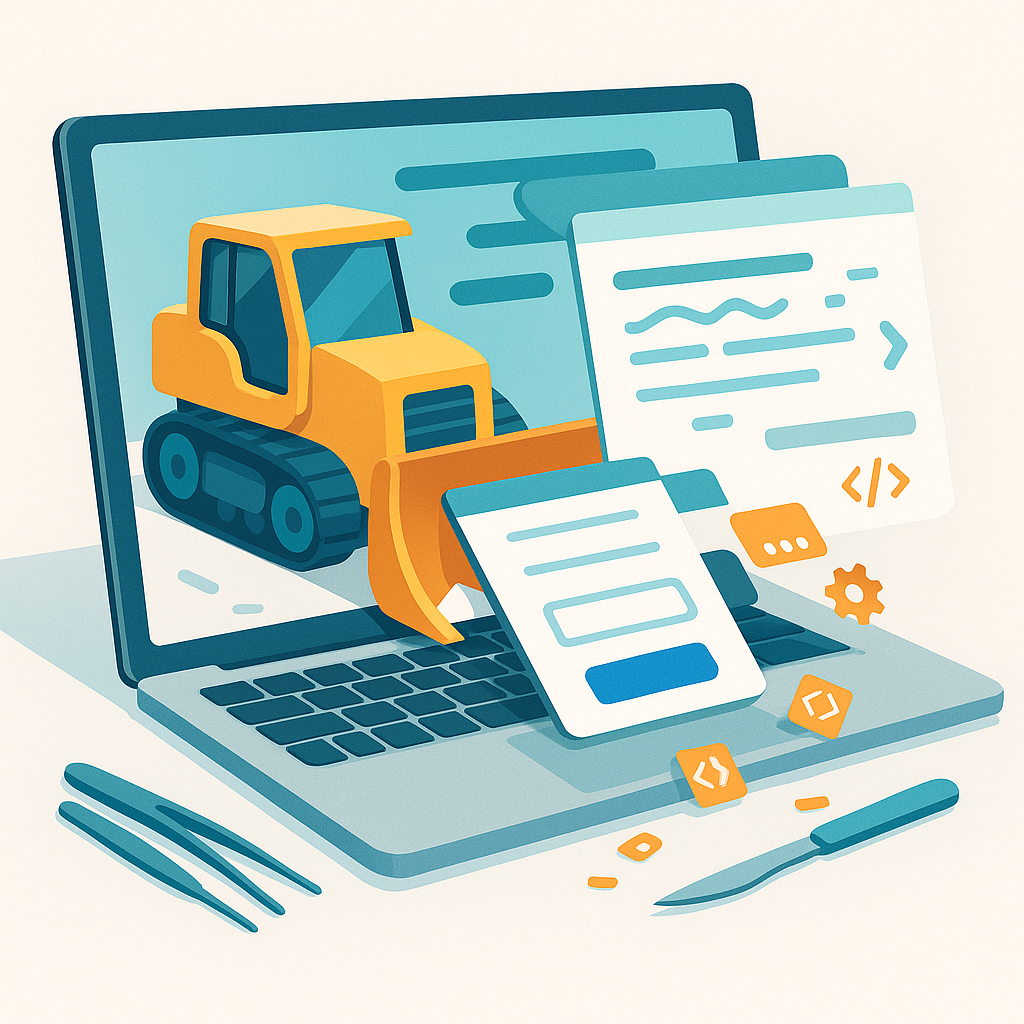 Flat illustration of a bulldozer pushing away website code from a laptop, representing the mistake of asking ChatGPT to rewrite entire files instead of targeted edits.