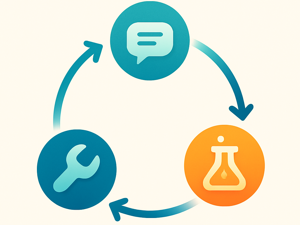 Flat vector infographic showing a circular loop with icons for ask, test, and refine, representing the iterative coding workflow with ChatGPT.