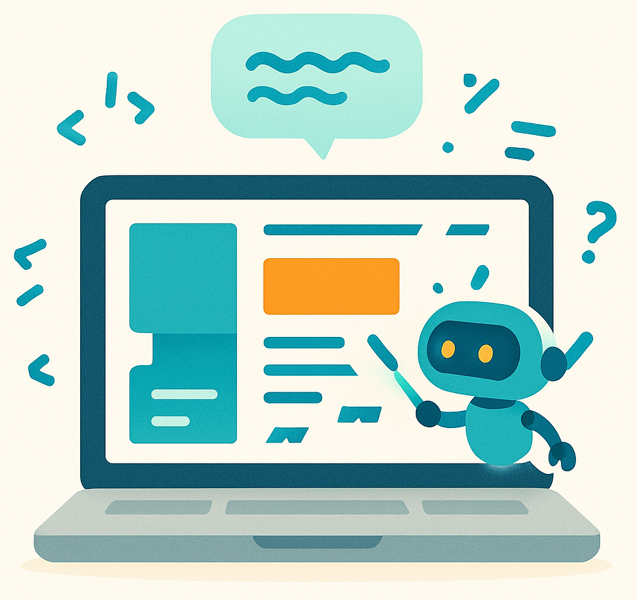 Cartoon-style robot looking confused next to a laptop with messy website code, representing vague prompts to ChatGPT.
