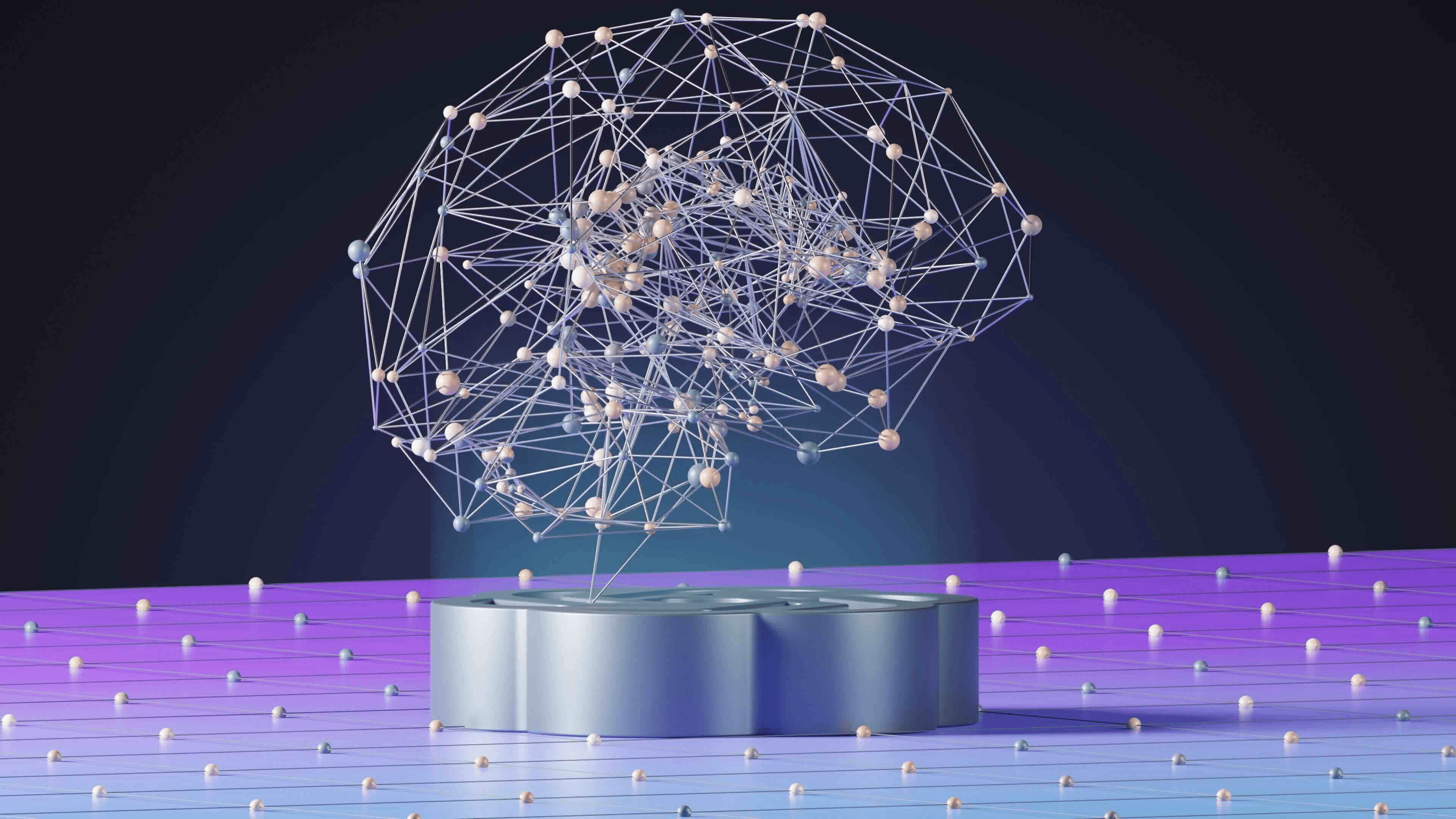 Abstract 3D neural network visualization with glowing nodes and connections, symbolizing artificial intelligence and ChatGPT coding assistance.