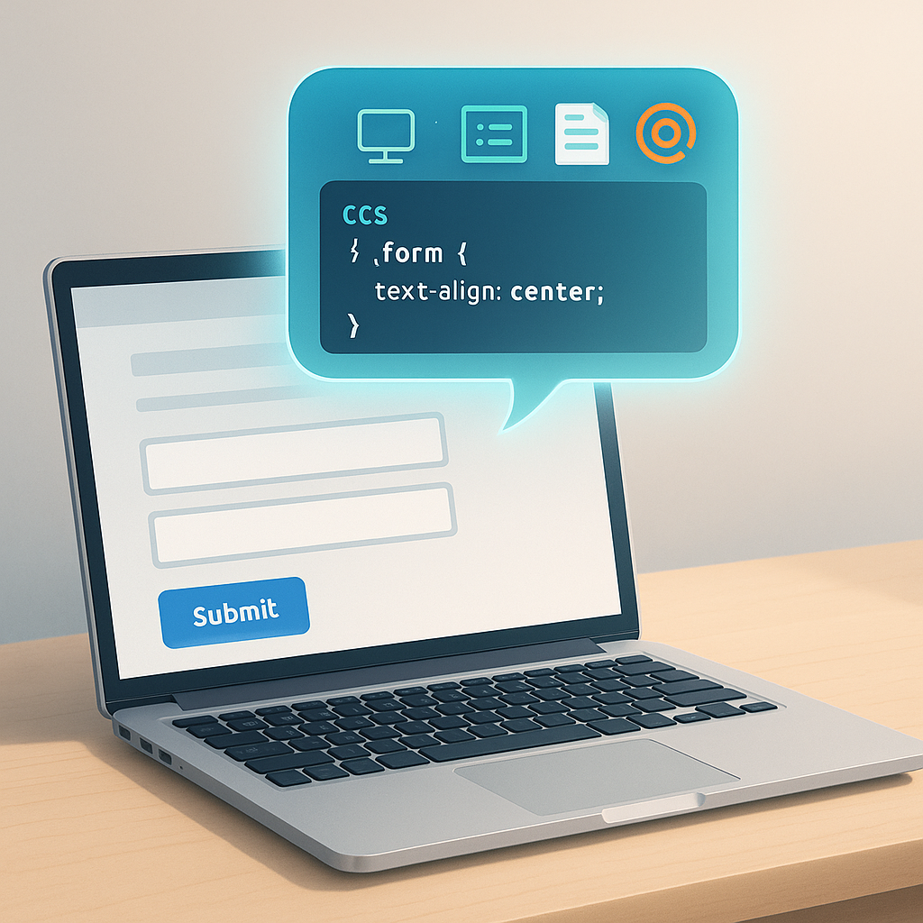 Laptop screen with form submit button and glowing chat bubble containing CSS code and icons for environment, code snippet, and focus, illustrating how to add context to ChatGPT coding prompts.