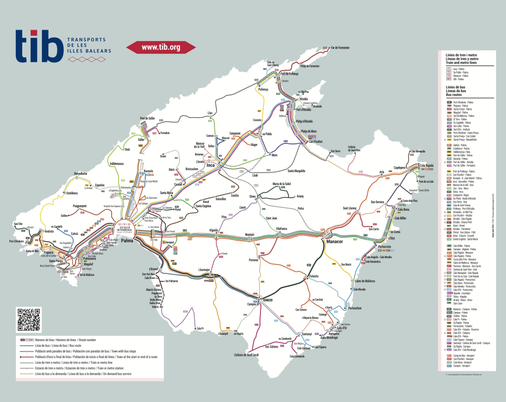 Public transport bus map of Mallorca showing major routes from Palma to towns across the island.