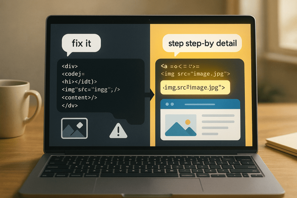 Flat infographic with five refinement strategies for coding with ChatGPT: Add missing details, Ask for explanations, Break down problems, Reframe when stuck, Compare alternatives.