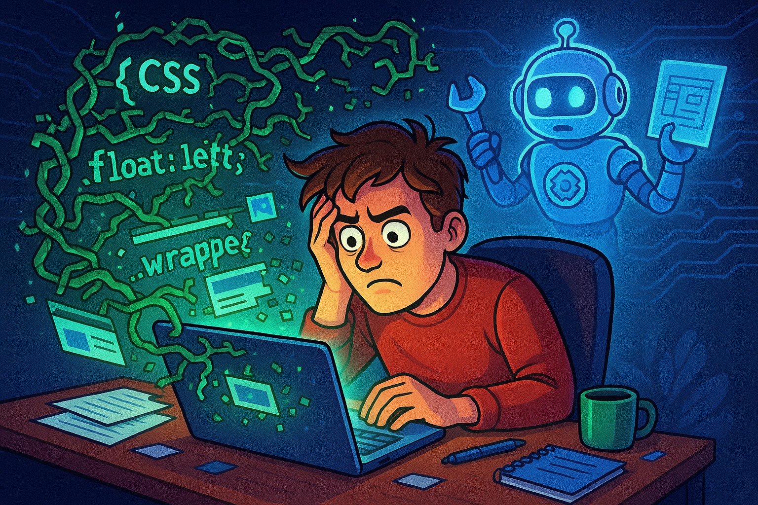 Cartoon-style frustrated coder surrounded by tangled CSS code with a confused robot assistant in the background.