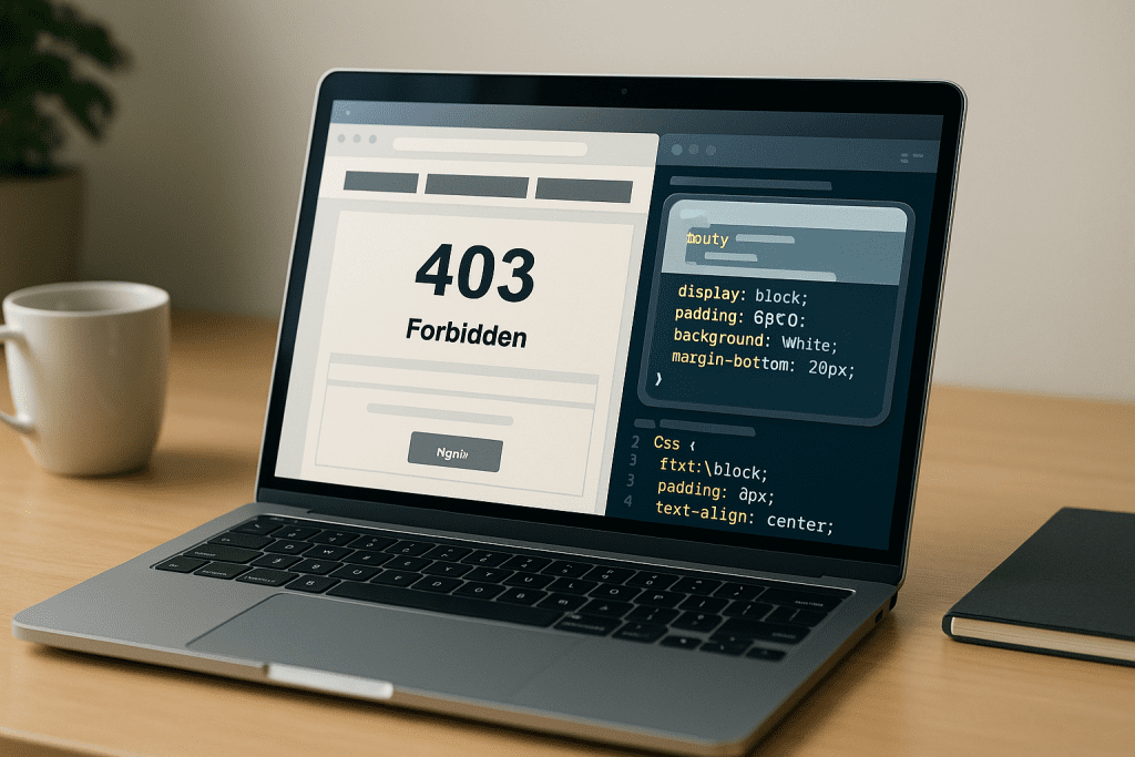 Realistic laptop displaying a 403 forbidden error beside raw CSS code, symbolizing the risks of pasting untested ChatGPT code directly into a live site.
