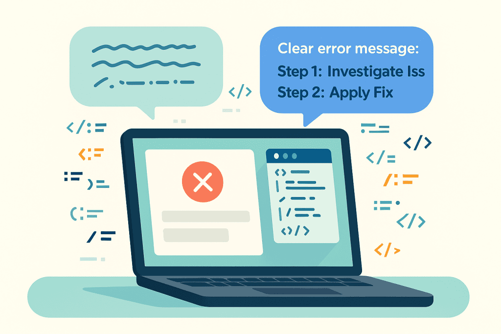 Flat illustration of a laptop with a broken error screen beside vague prompts versus clear debugging steps, showing the difference in ChatGPT outputs.