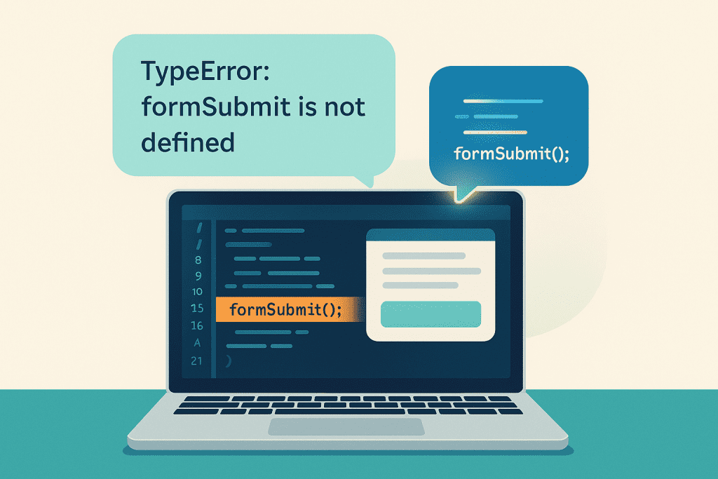 Laptop screen showing error message “TypeError: formSubmit is not defined” with highlighted code snippet, representing a debugging mindset when coding with ChatGPT.