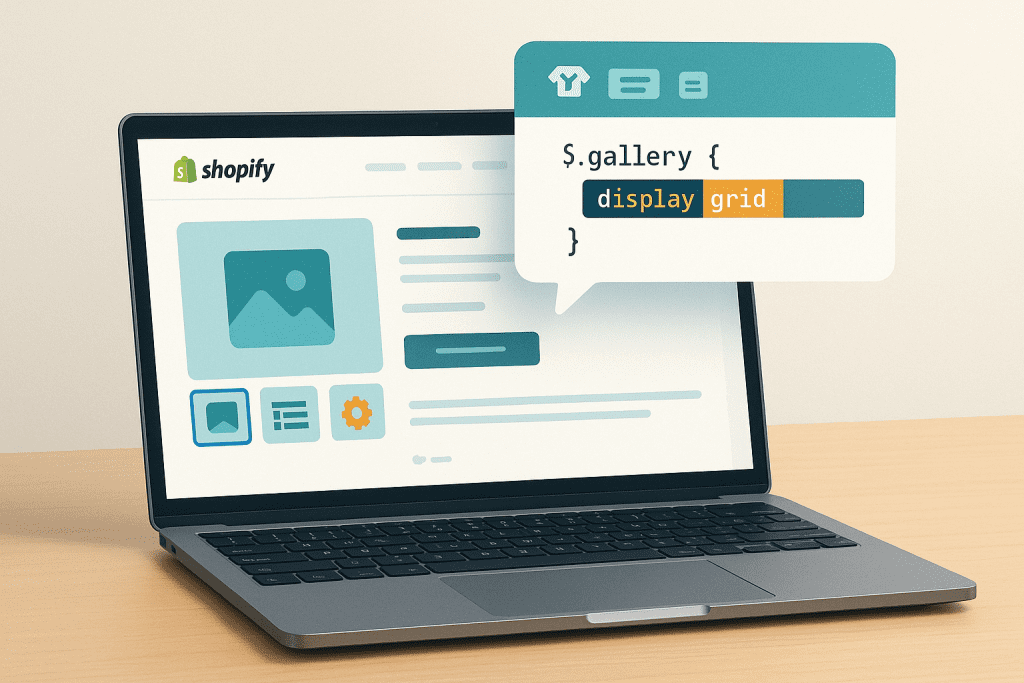Laptop showing a Shopify product page with highlighted CSS fix for responsive product image gallery.