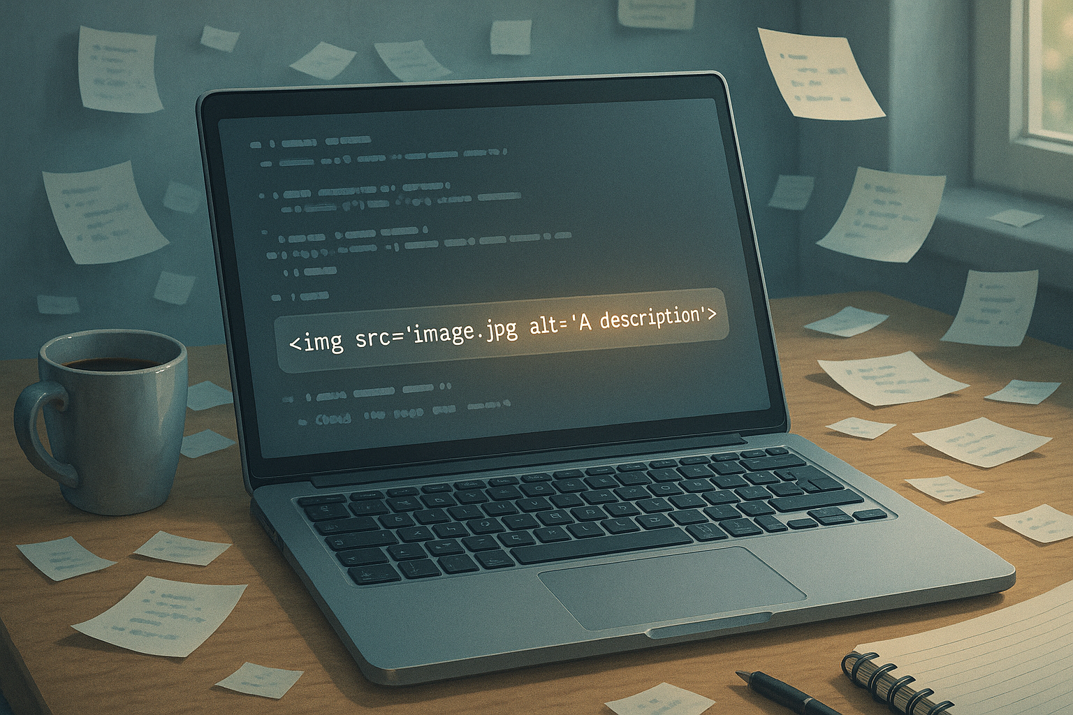 Realistic laptop on a messy desk with scattered sticky notes and code snippets, symbolizing one-off fixes not being saved or documented.