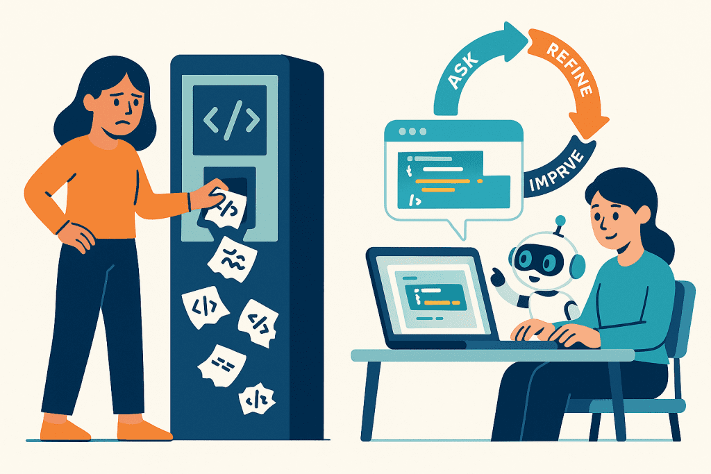 Flat vector illustration comparing two approaches to ChatGPT coding: on the left, a frustrated user treats ChatGPT like a vending machine, receiving messy code snippets; on the right, a user collaborates with ChatGPT in an iterative loop of ask, refine, and improve.