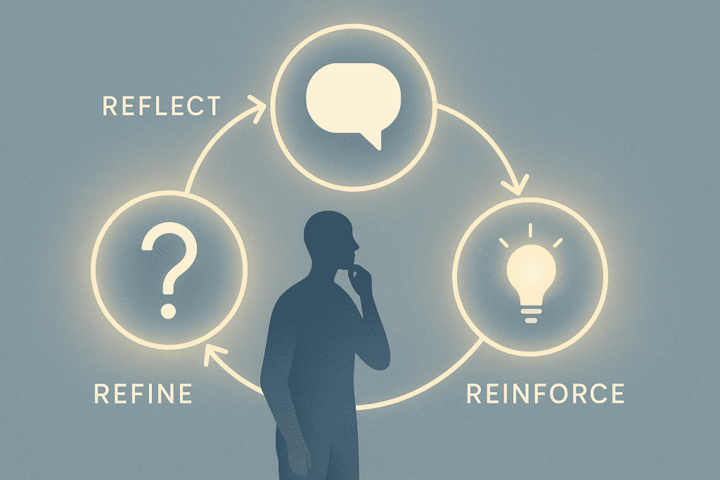 Minimalist illustration of a human figure interacting with a glowing three-part loop labeled Reflect, Refine, and Reinforce, symbolizing responsible and iterative thinking with AI.