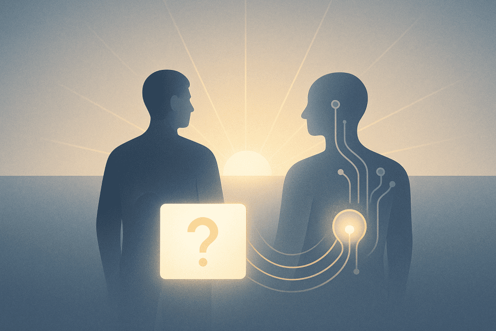 Minimalist editorial illustration of a human and AI figure standing together facing a glowing horizon, symbolizing the future of thoughtful collaboration between people and technology.