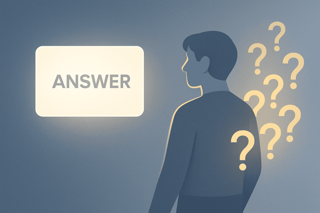Minimalist illustration of a person turning from a glowing answer card toward reappearing question marks, symbolizing renewed curiosity inhow to use AI to learn faster