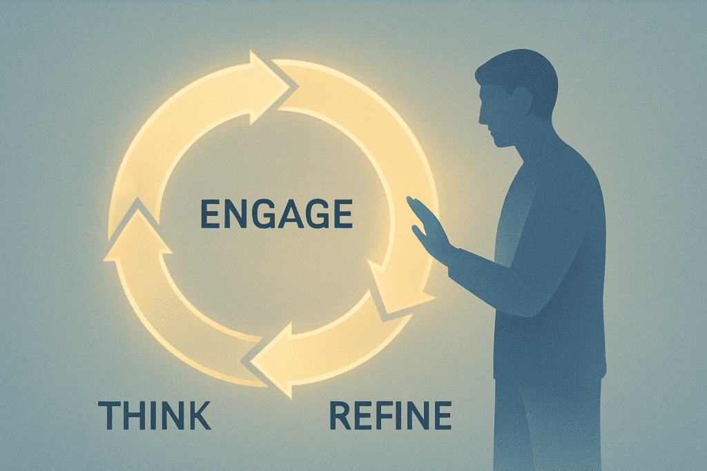 Minimalist editorial illustration showing a human interacting with a glowing three-part loop labeled Engage, Think, and Refine, symbolizing active learning and reflection with AI.