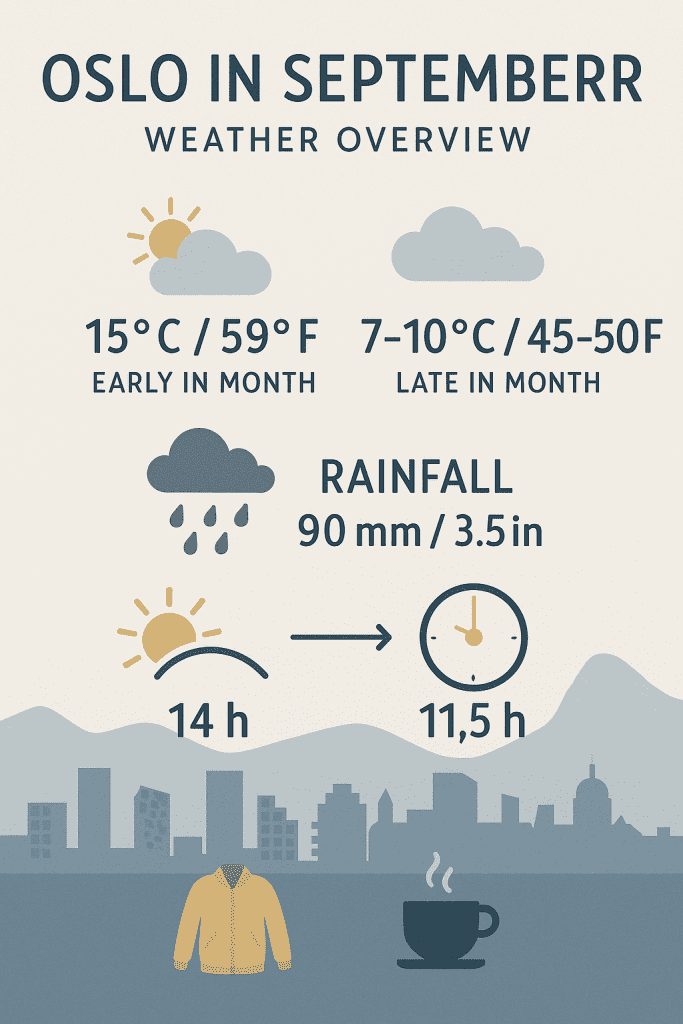 Infographic showing Oslo in September weather: early-month highs around 15°C / 59°F, late-month highs 7–10°C / 45–50°F, average rainfall 90 mm / 3.5 in, and daylight hours decreasing from 14 to 11.5 hours. Illustrated with icons of sun, clouds, rain, jacket, and coffee cup against an Oslo skyline.