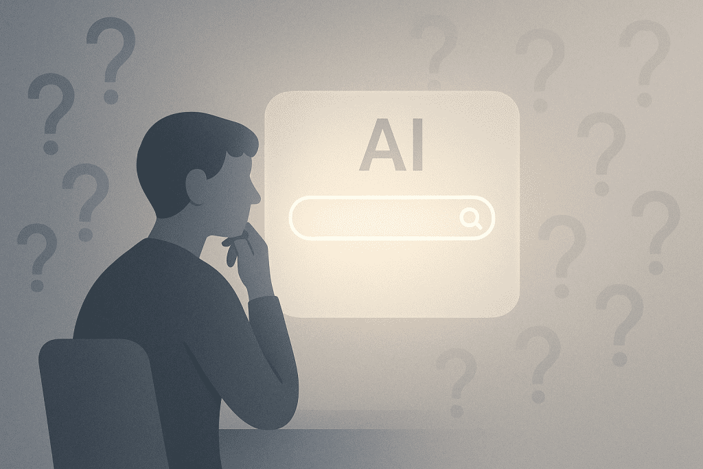 Minimalist editorial illustration of a person surrounded by fading question symbols while looking at an AI interface, symbolizing the quiet loss of curiosity through overreliance on technology.