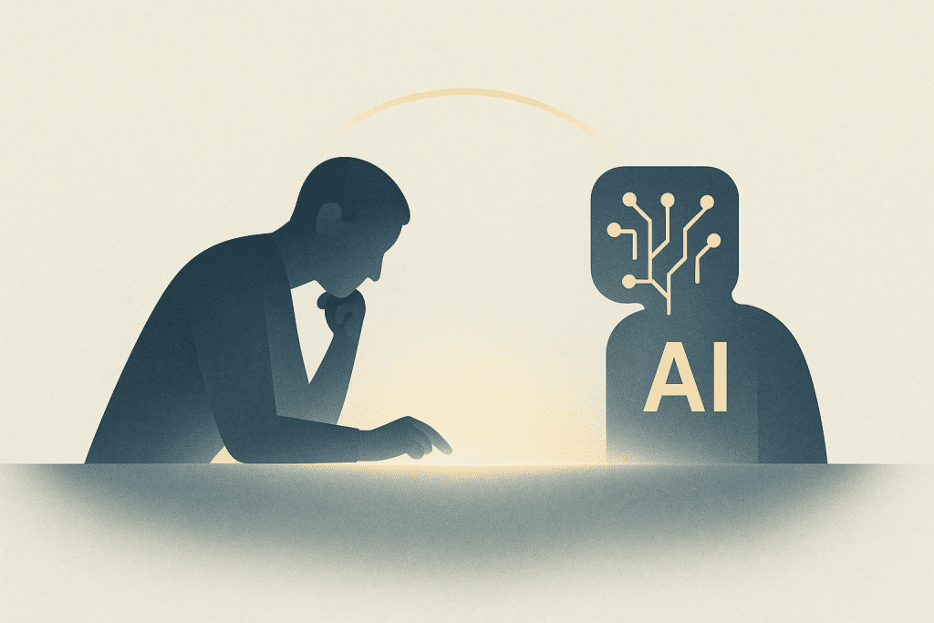 Minimalist digital illustration showing a person interacting with an AI interface, symbolizing the balance between human thinking and artificial intelligence.