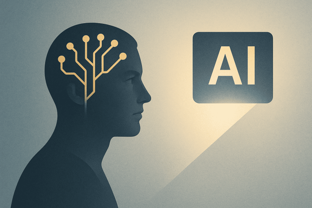 Conceptual digital illustration of a human face illuminated by an AI interface, symbolizing overconfidence and the illusion of perfect answers.