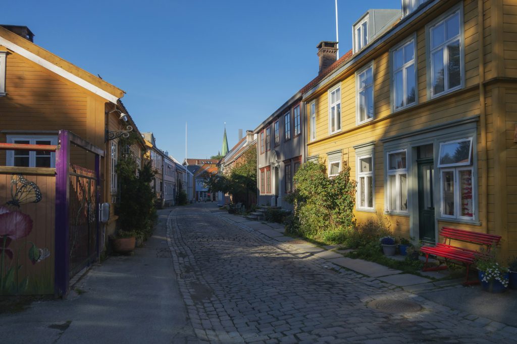 Quiet cobblestone street in Bakklandet, Trondheim, lined with colorful wooden houses and flowers in the evening light