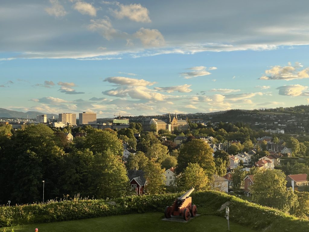 View of NTNU Gløshaugen campus and Trondheim city from Kristiansten Fortress during golden hour, with green trees and historic cannons in the foreground.