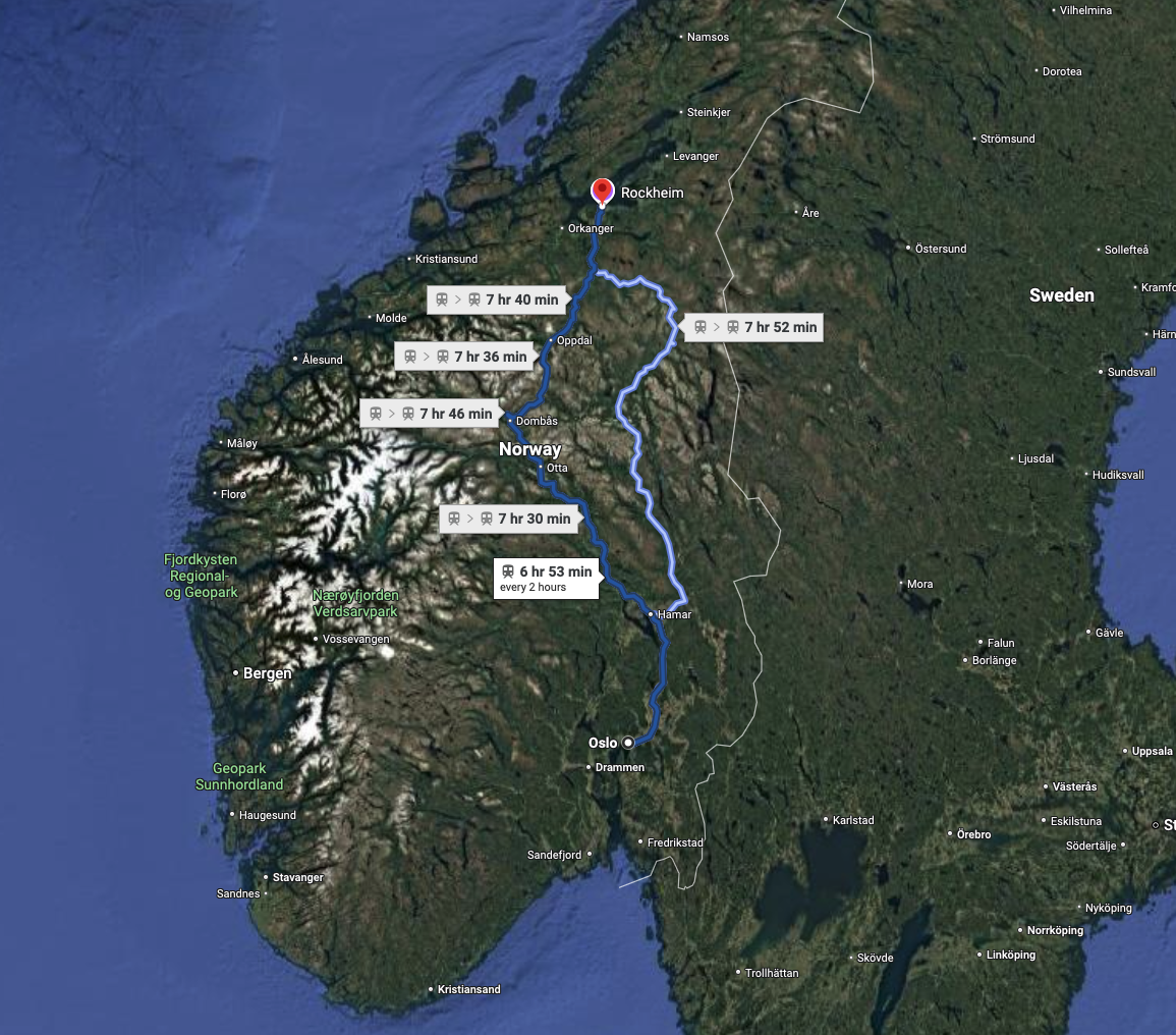 Map showing the train route from Oslo to Trondheim, Norway, highlighting multiple travel options and scenic stops through mountains and fjords.