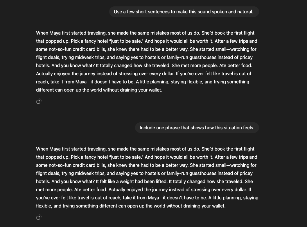 Screenshot showing how adding short sentences and emotional phrasing makes AI-generated writing sound more natural and human, including the final version with real feeling and rhythm.