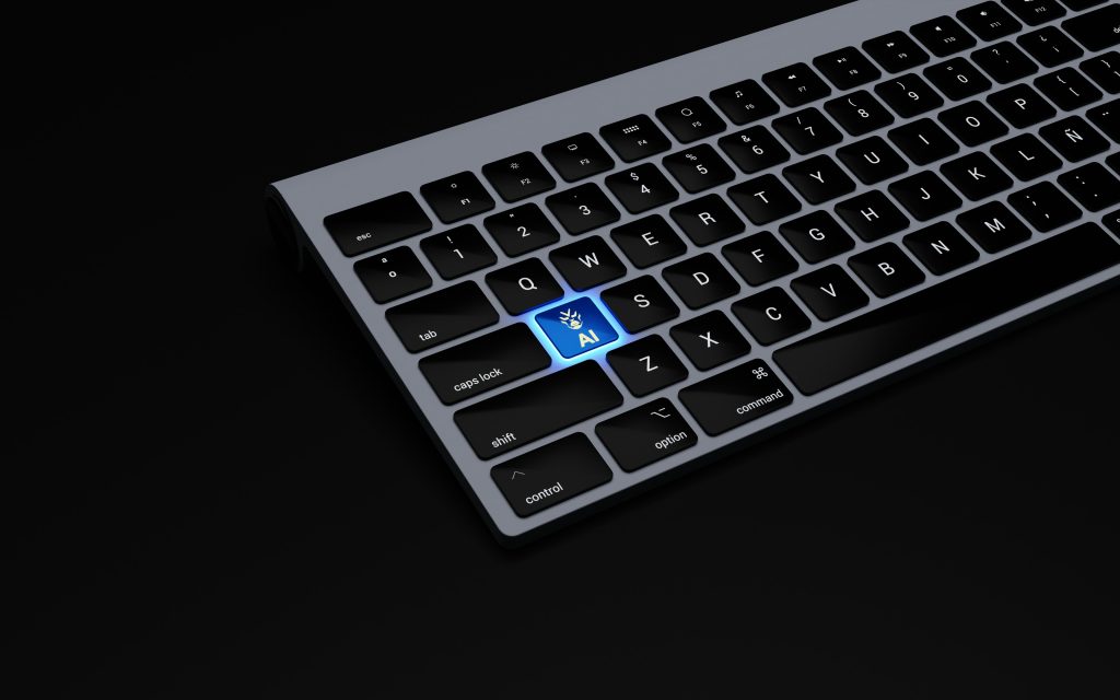 Close-up of a keyboard with a glowing AI key, symbolizing thoughtful and intentional use of artificial intelligence in writing.