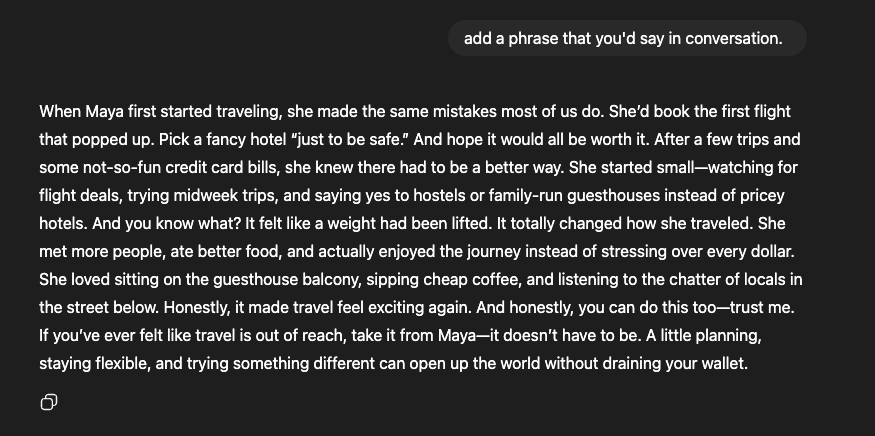 Screenshot showing how adding a conversational phrase like “trust me” makes AI-generated writing sound more natural and human compared to the overly polished version.