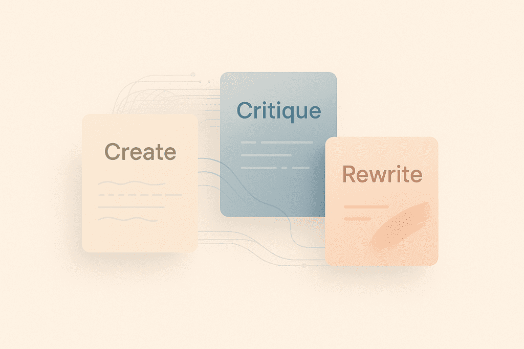 Editorial infographic labeled Create, Critique, and Rewrite, showing the three-step process of improving AI-generated writing through feedback and iteration.